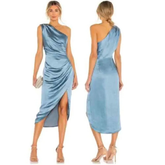ELLIATTCassini Cadet Blue Satin One Shoulder Midi Dress RouchedSize Large